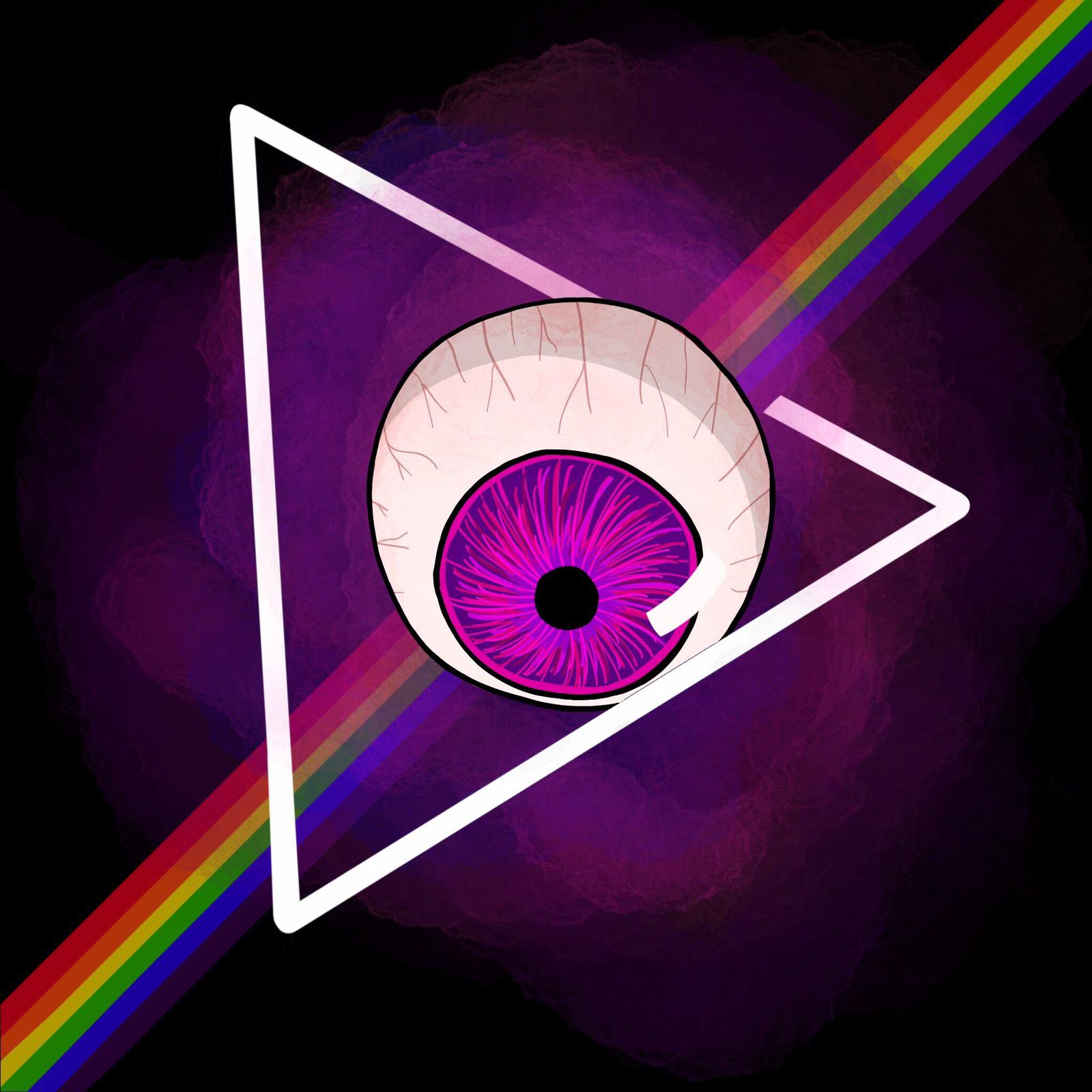Colourful digital illustration of an Eye floating in a colourful space-like environment with a rainbow.