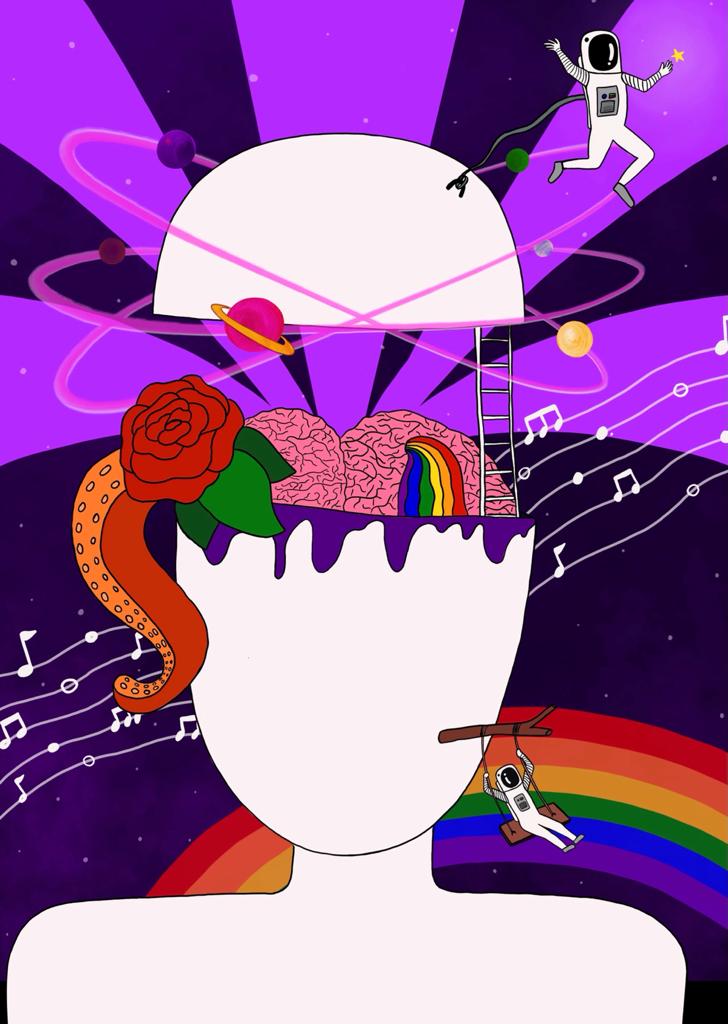 Digital illustration of a faceless person with its head open showing their brain and filled with colur and mystical elements.