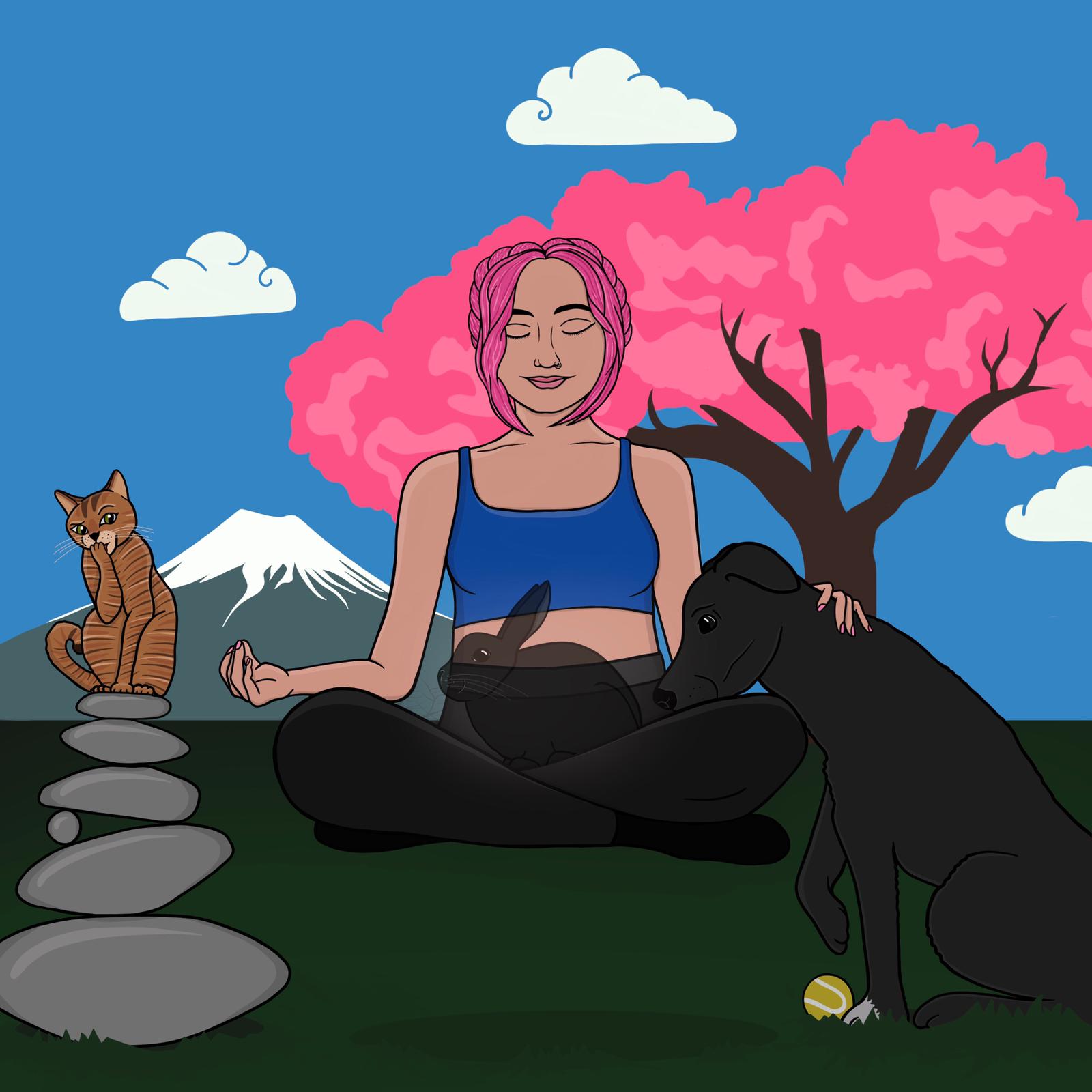 Digital Illustration of a girl meditating next to her dog and cat with a ghost rabbit.